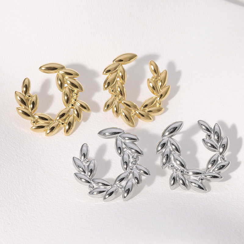 Minimalist Leaf Wheat Stainless Steel Electroplating Stud Earrings