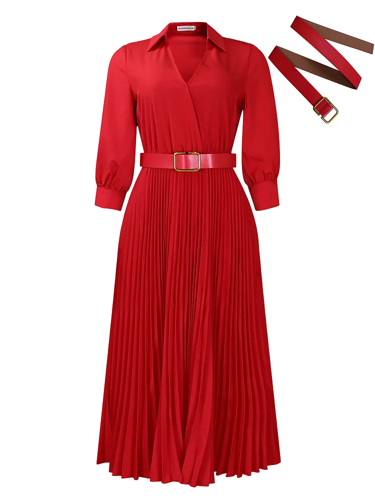 2025 Autumn & Winter New! EU/US Plus Size Solid Color Cross-Border Dress | Red + Belt Design, High-Mid End Quality👗