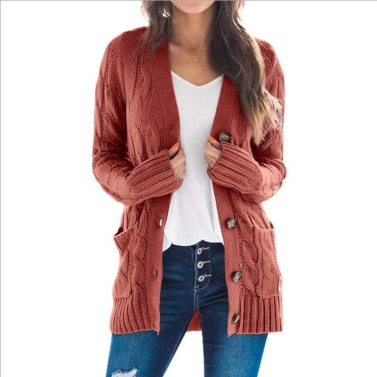 Pocket Button Design Long Sleeve Braided Knit Cardigan