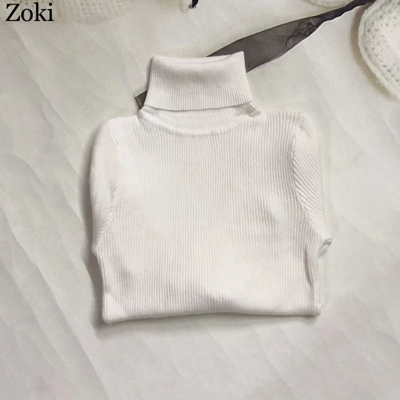 Zoki Soft Women Turtleneck Sweater Autumn Long Sleeve Elastic Female Knitted Jumper Casual Pullover Slim Winter Basic Tops 2021
