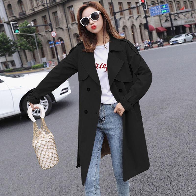FTLZZ 2021 New Sping Autumn Women Khaki Trench Coat Streetwear Double Breasted Windbreaker Loose Fit Black Ladies Outwear