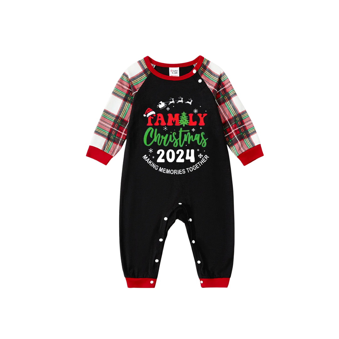 "Family Christmas 2024 Making Memories Together" Pattern Ⅳ- Black Top with Red & White & Green Plaid Pants Family Matching Pajamas