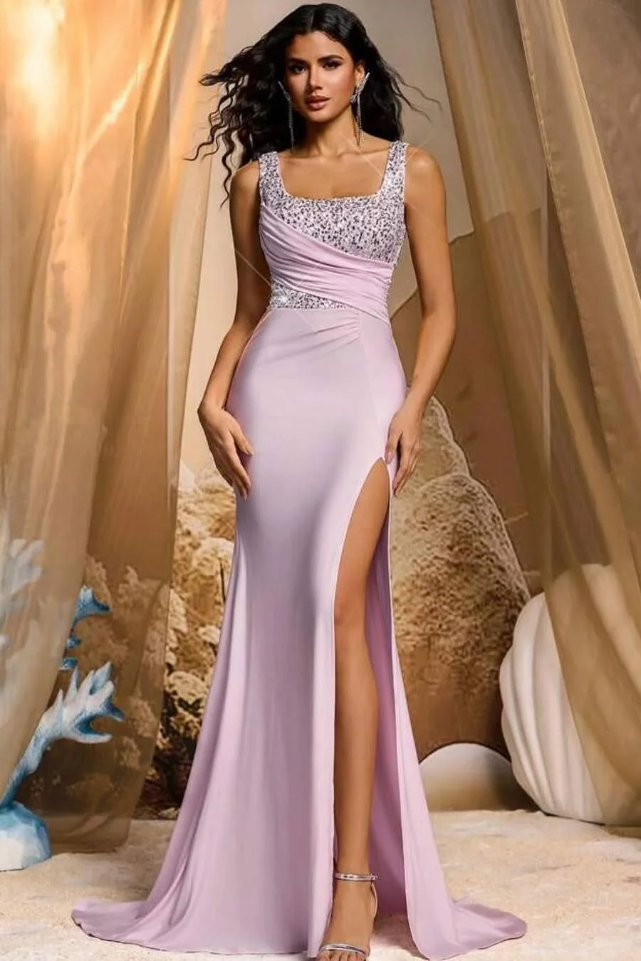 Miabel Charming Lilac Satin Sleeveless Wide Shoulder Straps Long Split Prom Dress with Sequins 