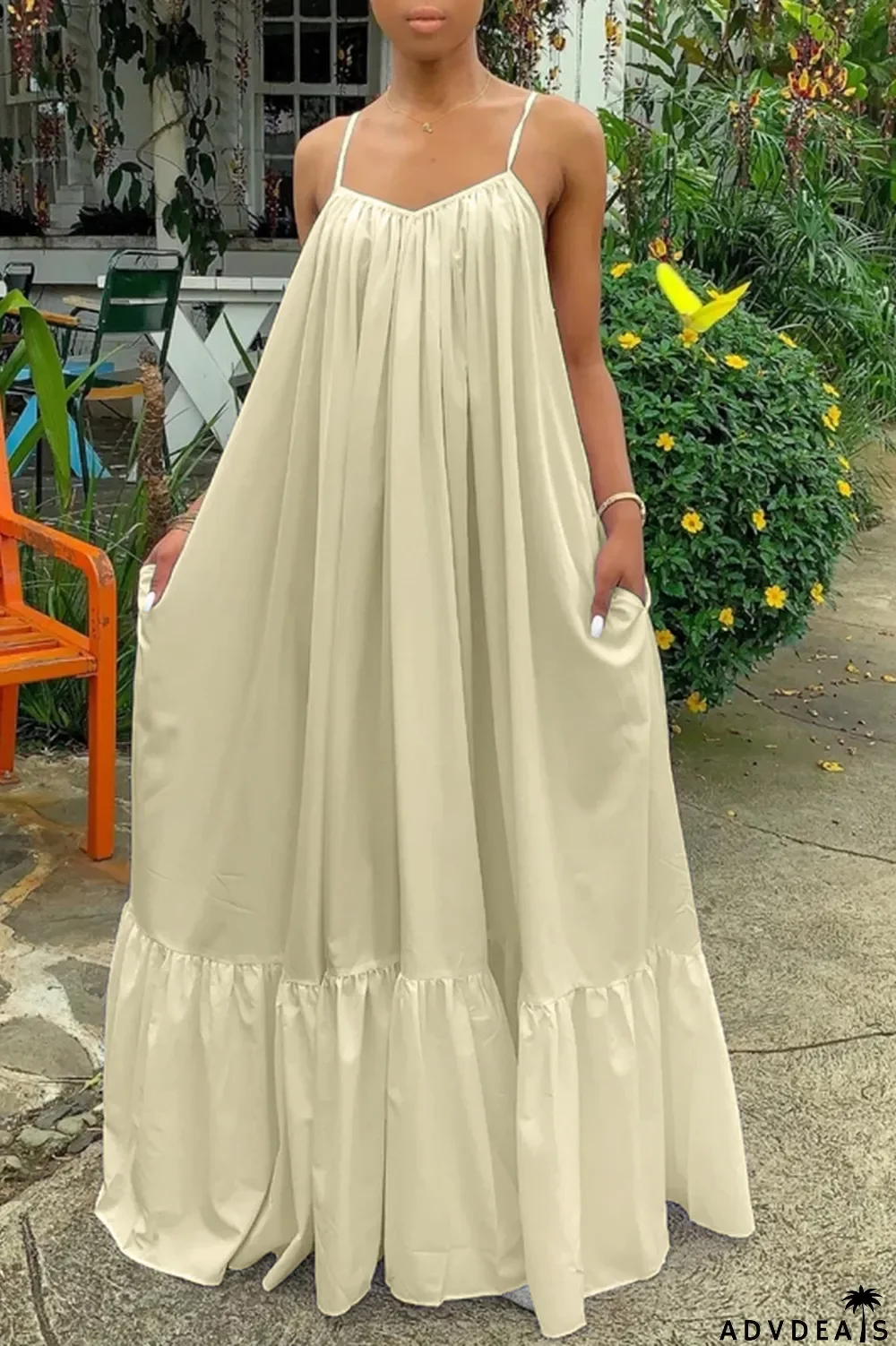 Dark Gray Sexy Casual Solid Backless Spaghetti Strap Loose Sling Dress