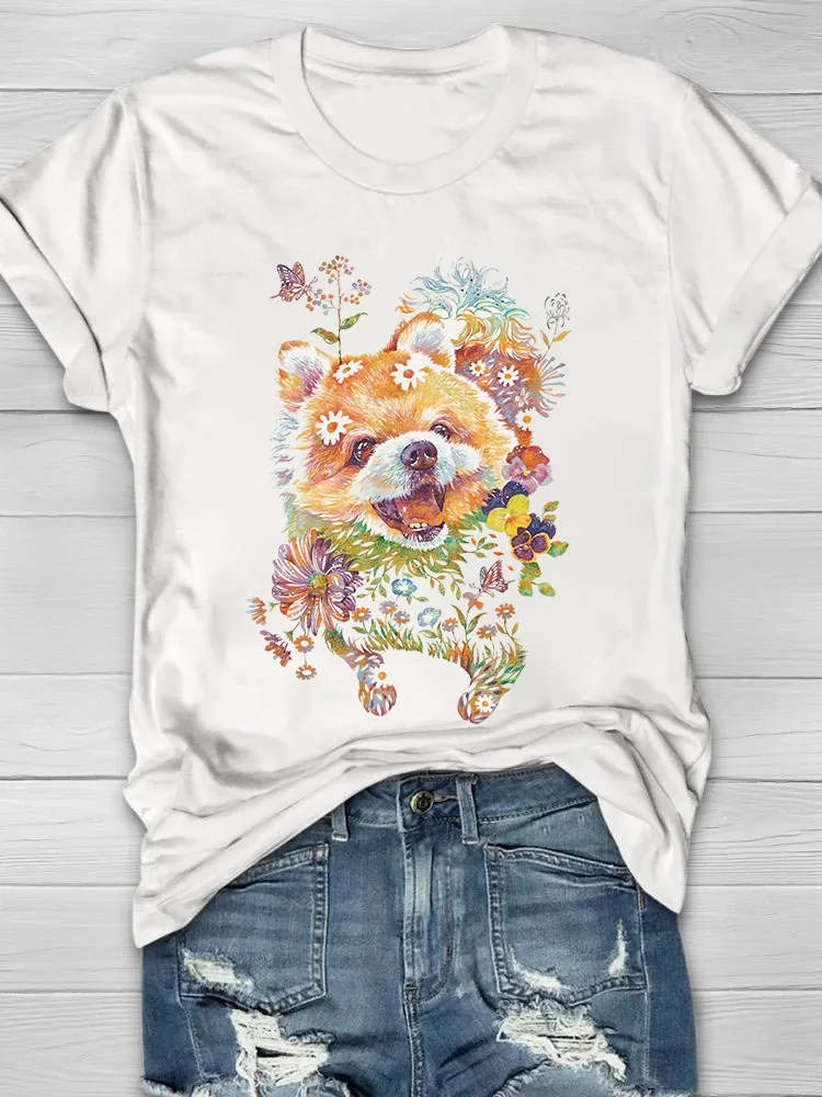 Floral Cute Puppy  Printed Crew Neck Women's T-shirt
