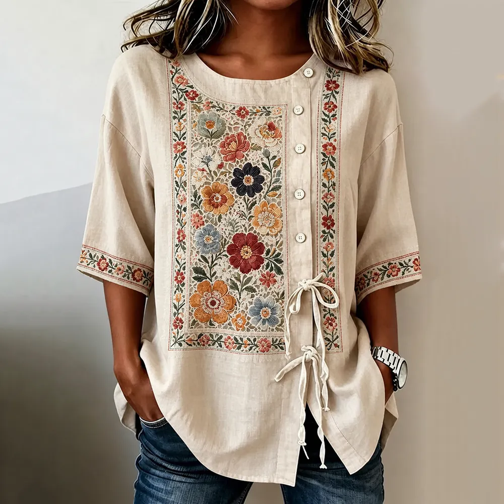 Women's Retro Bohemian Floral Design Short-sleeve Top artswardrobe