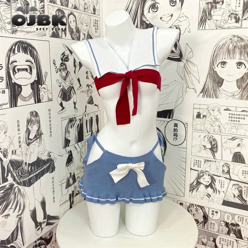 Billionm OJBK Japanese Hollow Out Sweater Student JK Uniform Sexy Lingerie Pajamas Cosplay Girls Lovely Bowknot Bra And Panty Set 2021NEW