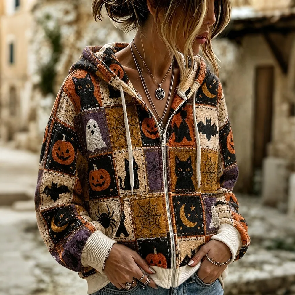 Comstylish Women's Retro Halloween Black Cat Patchwork Zipper Hooded