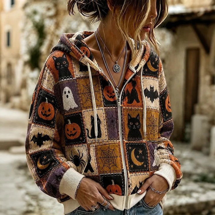 Women's Retro Halloween Black Cat Patchwork Zipper Hooded