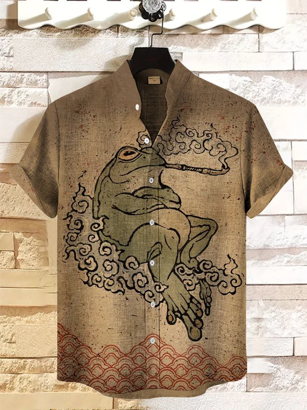 Men's Japanese Retro Smoking Frog Art Painting Print Casual Shirt