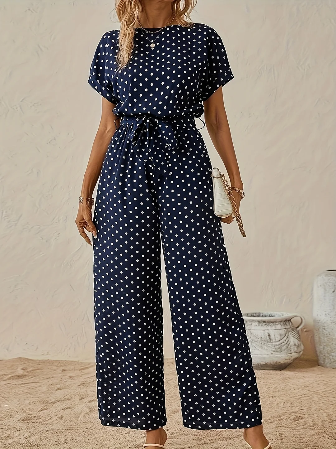 Plus Size - Women's Plus Size Navy Blue Polka Dot Wide-Leg Jumpsuit With Tie-Waist & Batwing Sleeves - Elegant Summer Vacation Outfit For Travel, Parties, And Casual Wear, Vacation Clothing | Polka Dot Jumpsuit | Nonstretch Fabric | IFYHOME