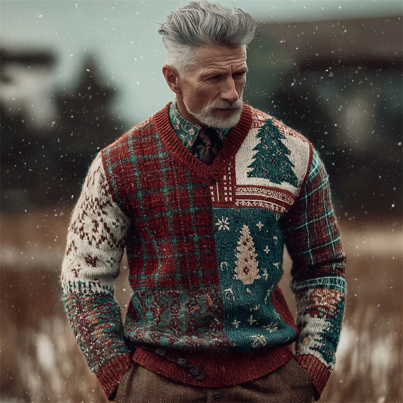 Men's Vintage Christmas Tree Plaid Colorblock Cozy Knit Sweater elevenforest