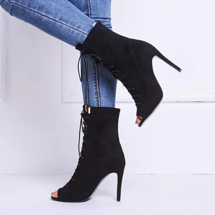 Black Suede Peep Toe Lace Up Ankle Booties Vdcoo