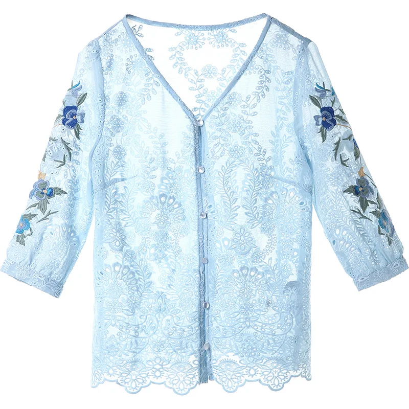 Flower Embroidery Hollow Out Blouse
