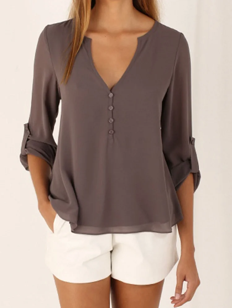 Casual Roll Tab Sleeve V Neck Solid Button Detail Blouse