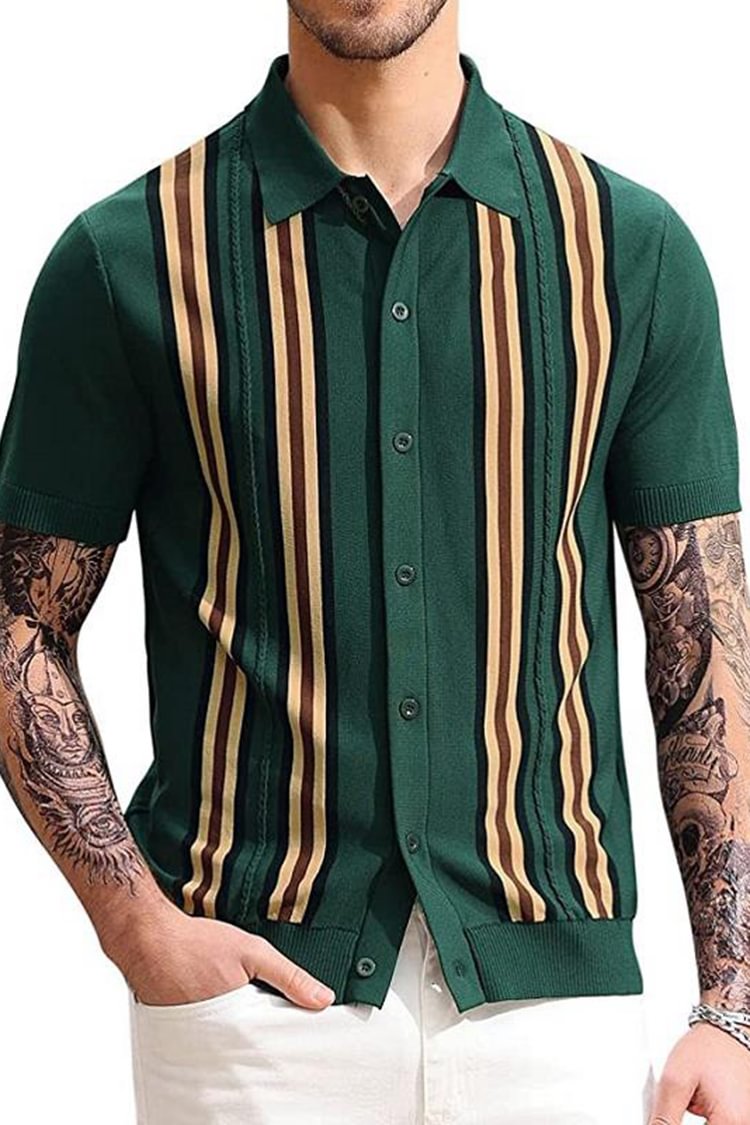 Green Striped Short Sleeve Knit Shirt