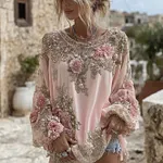 Women's Vintage Pink Flower Embroidery Art Round Neck Long Sleeve T-shirt - Image 2