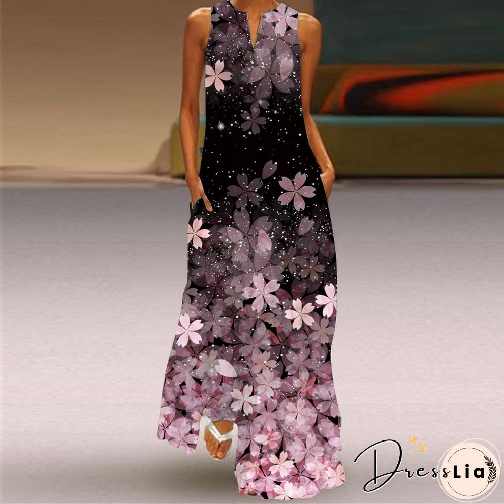 New Fashion Print Summer Dress Casual Sexy Boho Beach Women Party V-neck Sleeveless Pocket
