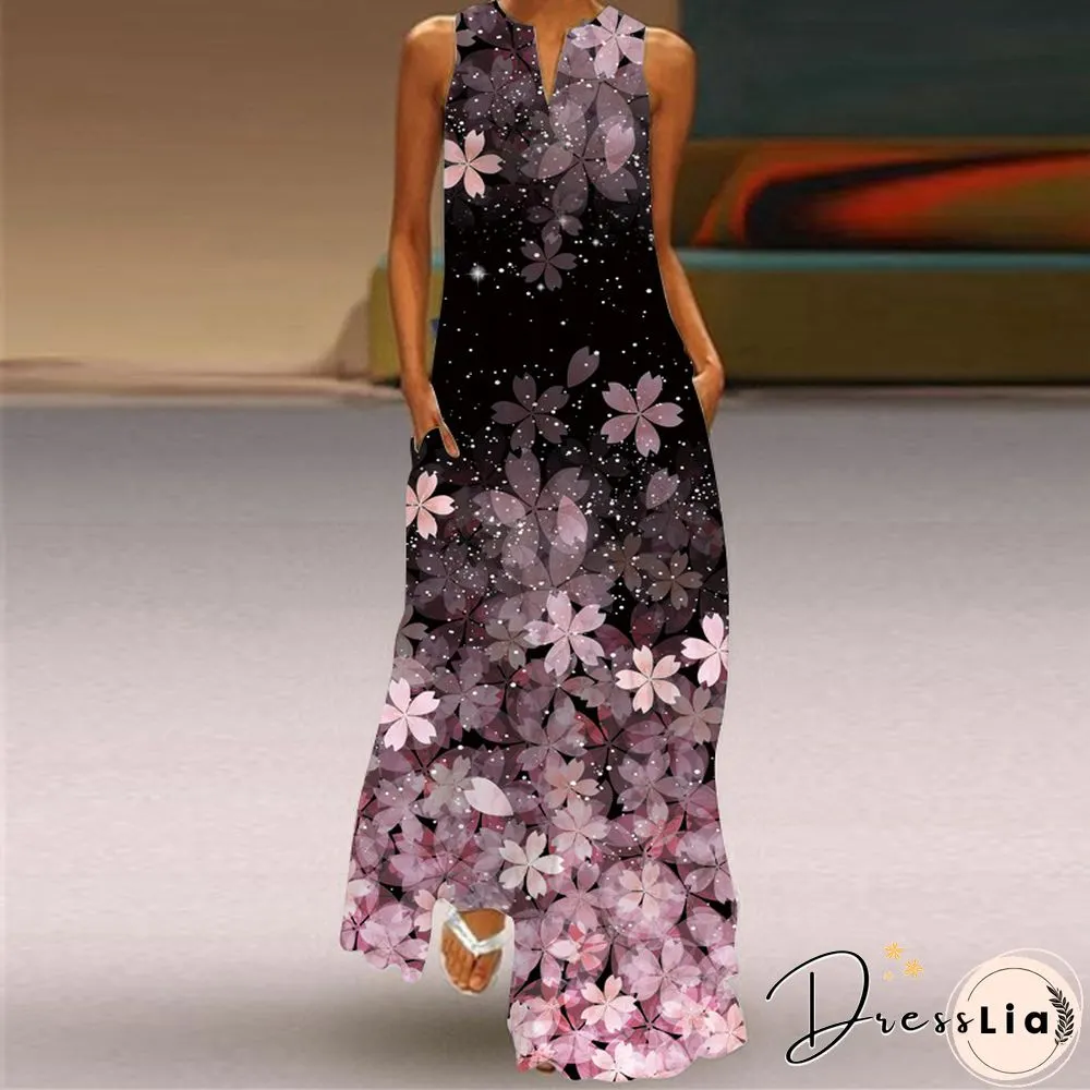 New Fashion Print Summer Dress Casual Sexy Boho Beach Women Party V-neck Sleeveless Pocket