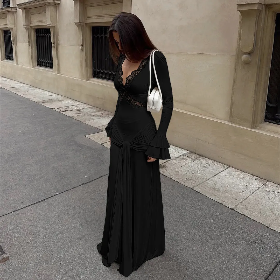Solid Lace Trim V-Neck Flared Cuff Long Sleeve Wrap Tie High Waist Mermaid Maxi Dress