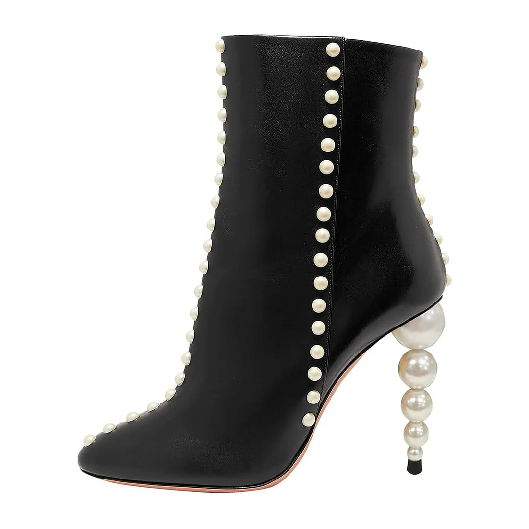 Black Vegan Leather Pointed Toe Pearl Embellished Heel Ankle Boots