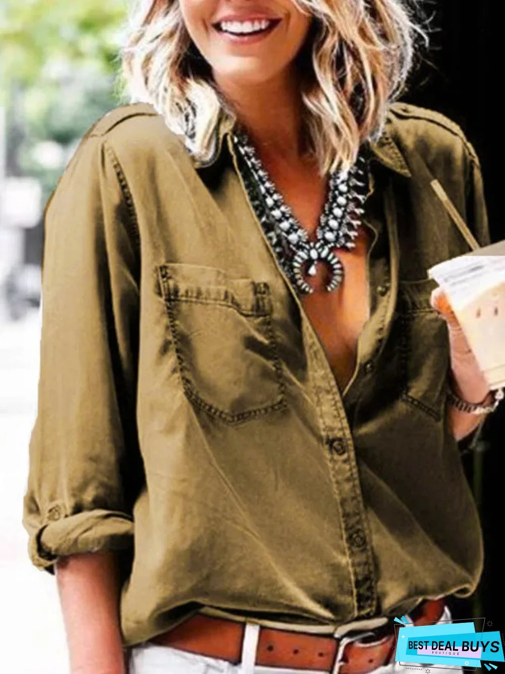 Gray Long Sleeve Cotton Shirt Collar Blouse