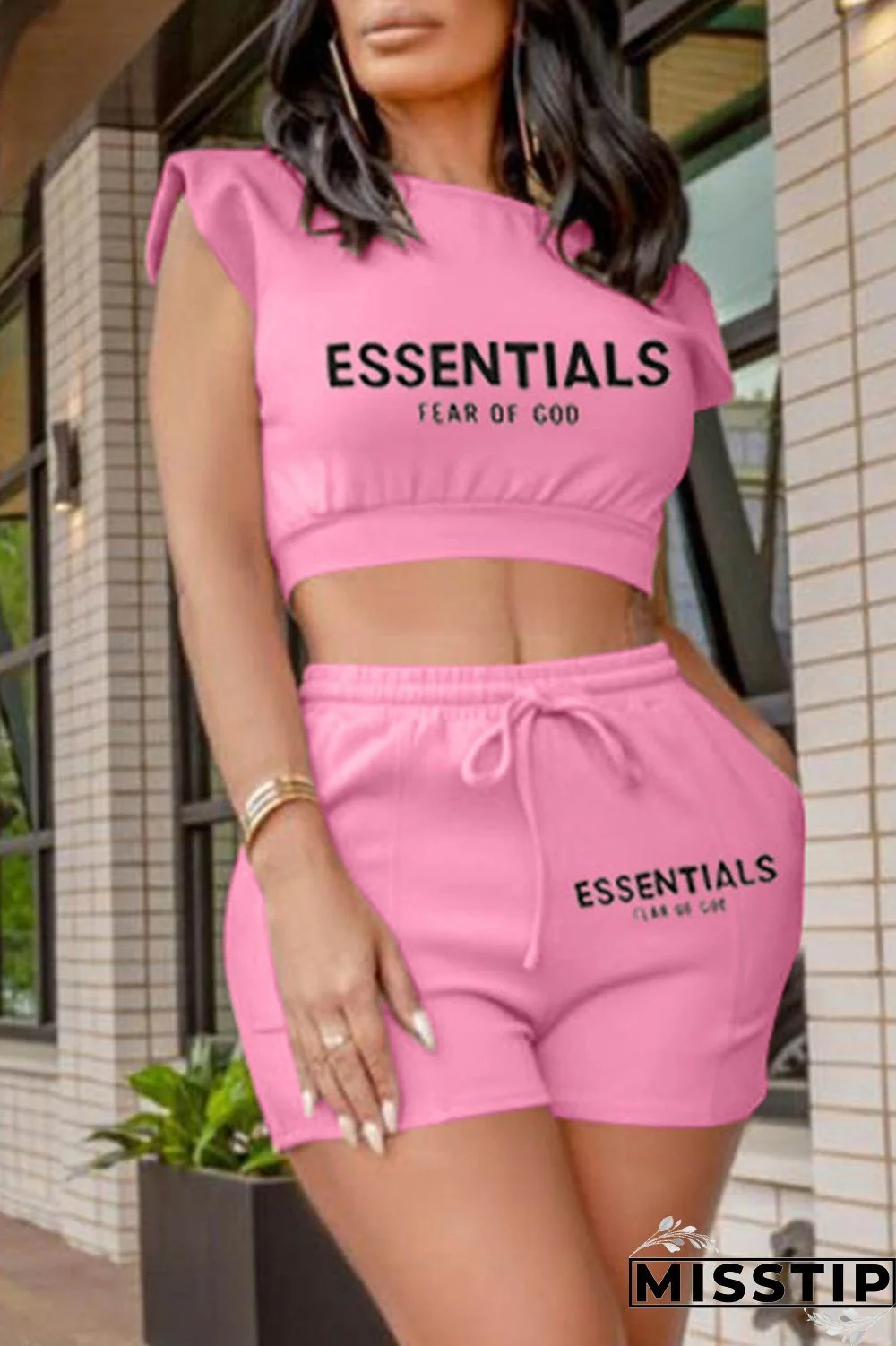 Pink Casual Letter Print Basic O Neck Sleeveless Two Pieces