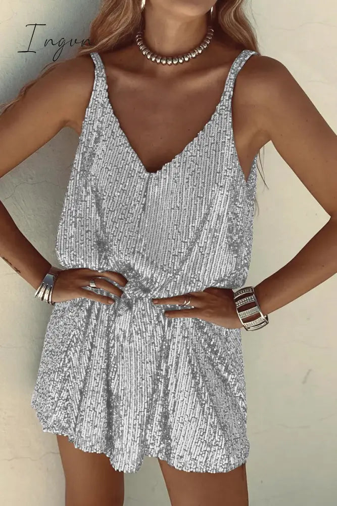 Ingvn - Sexy Solid Sequins V Neck Sling Dress Dresses Silver / S Dresses/Club