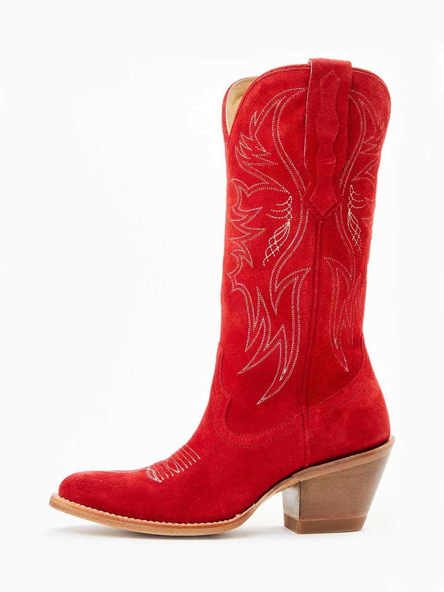 Red Faux Suede Sophisticated Embroidered Wide-Calf Cowgirl Boots