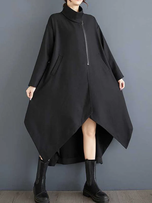 Stylish Black Stand Collar Zip-up Pockets High-low Long Sleeve Trench Coat