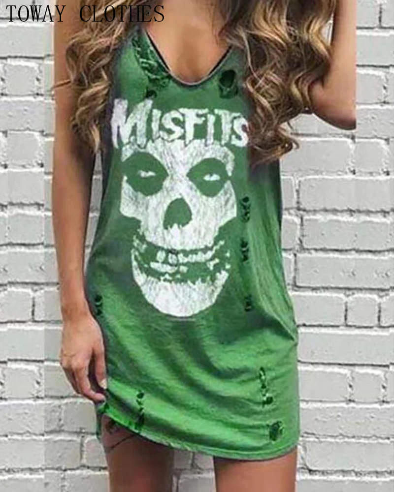 Women Summer Skull Lips Leopard Print Sleeveless Cami Mini Dress Hole Vest Punk Plus Size