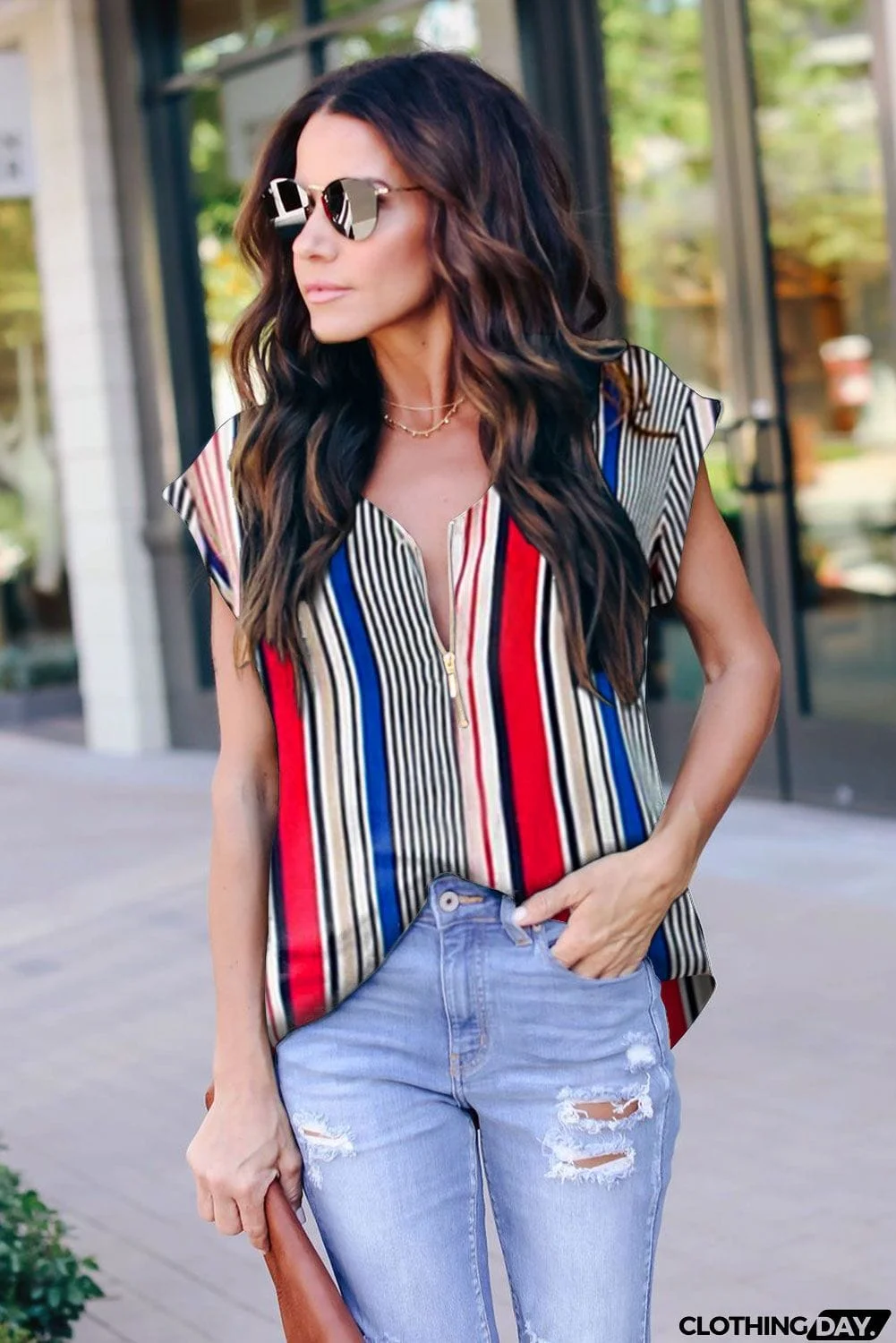 V Neck Stripes Roll up Short Sleeve Zip Up Blouse