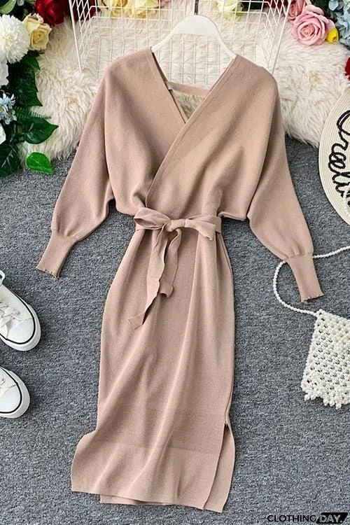 Surplice Wrap Side Slit Sweater Dress