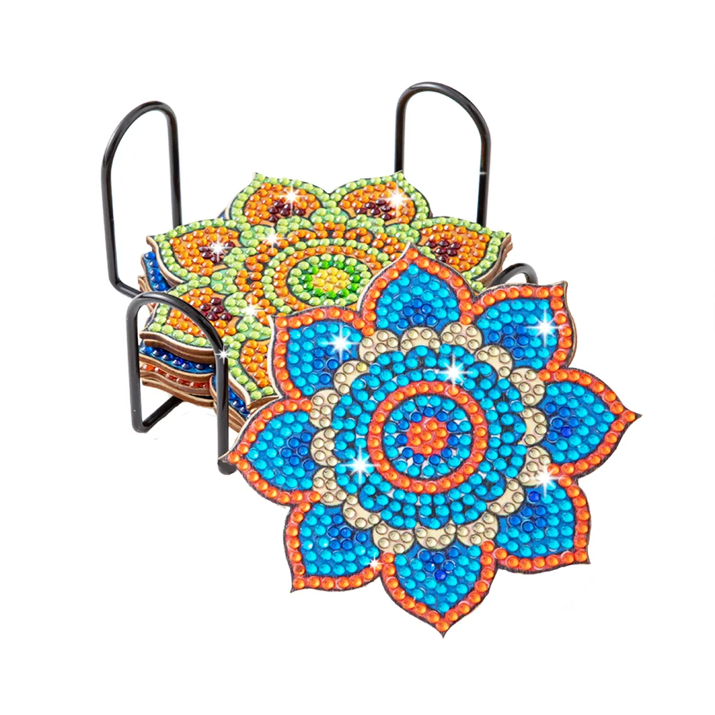 6pcs Datura DIY Diamonds Painting Coaster Woodiness with Rack Cup Pad Decor