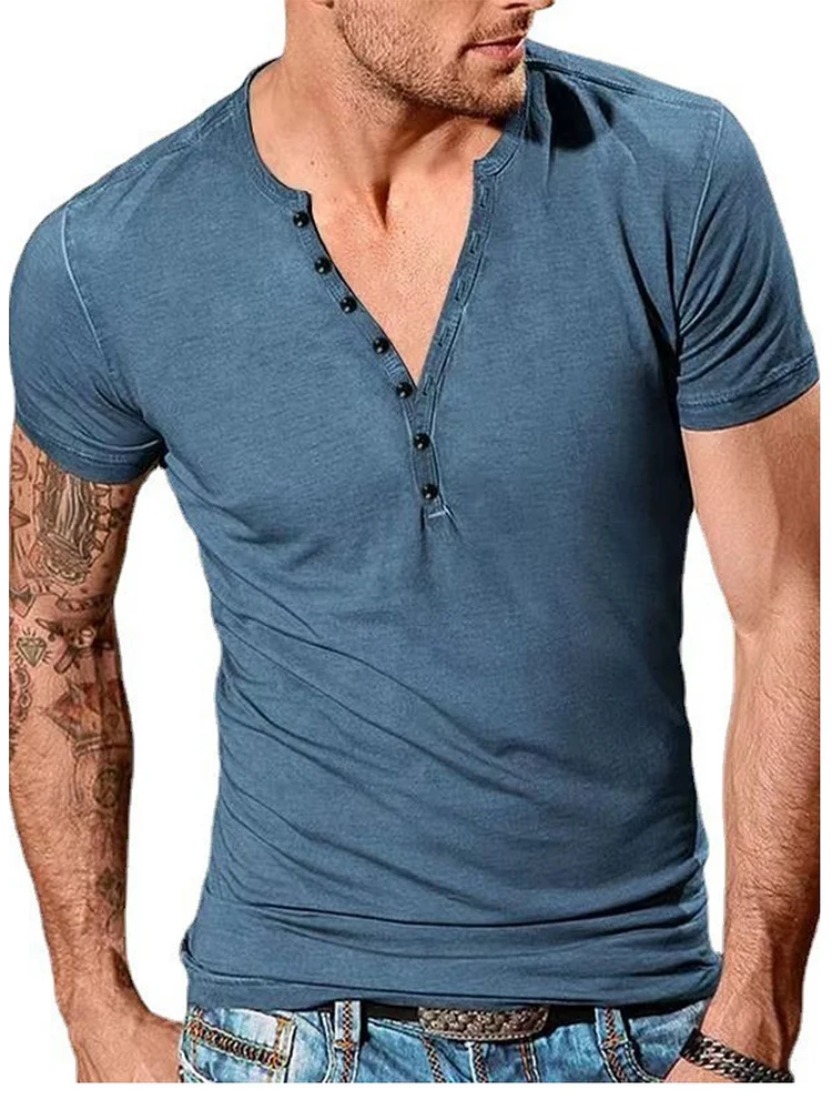 Men's Casual Henley Crew Neck Short Sleeve T-Shirt