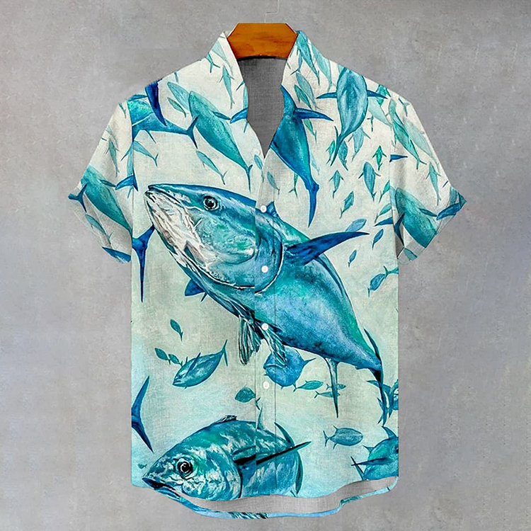 Men's Vintage Fish Art Print Casual Short Sleeve Shirt