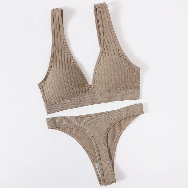 Women's Underwear Sports Bra Panties Set Female Wirefree Brassiere Seamless Top Sexy Set High Waist Brief V Neck Lingerie Set