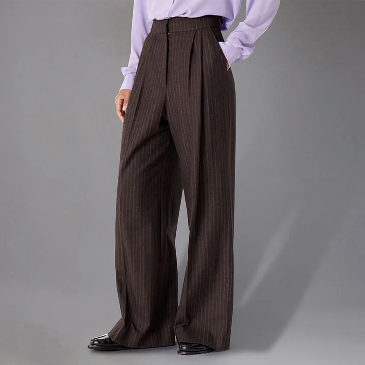 Casual Pinstriped Slant Pocket Wide Leg Pants 