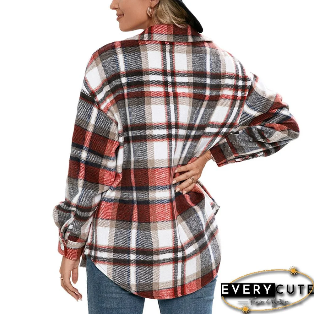 Women Plaid Printed Pattern Coat Long Sleeve Button-down Collared Jacket With Pockets Ladies Tops Autumn Winter Clothes