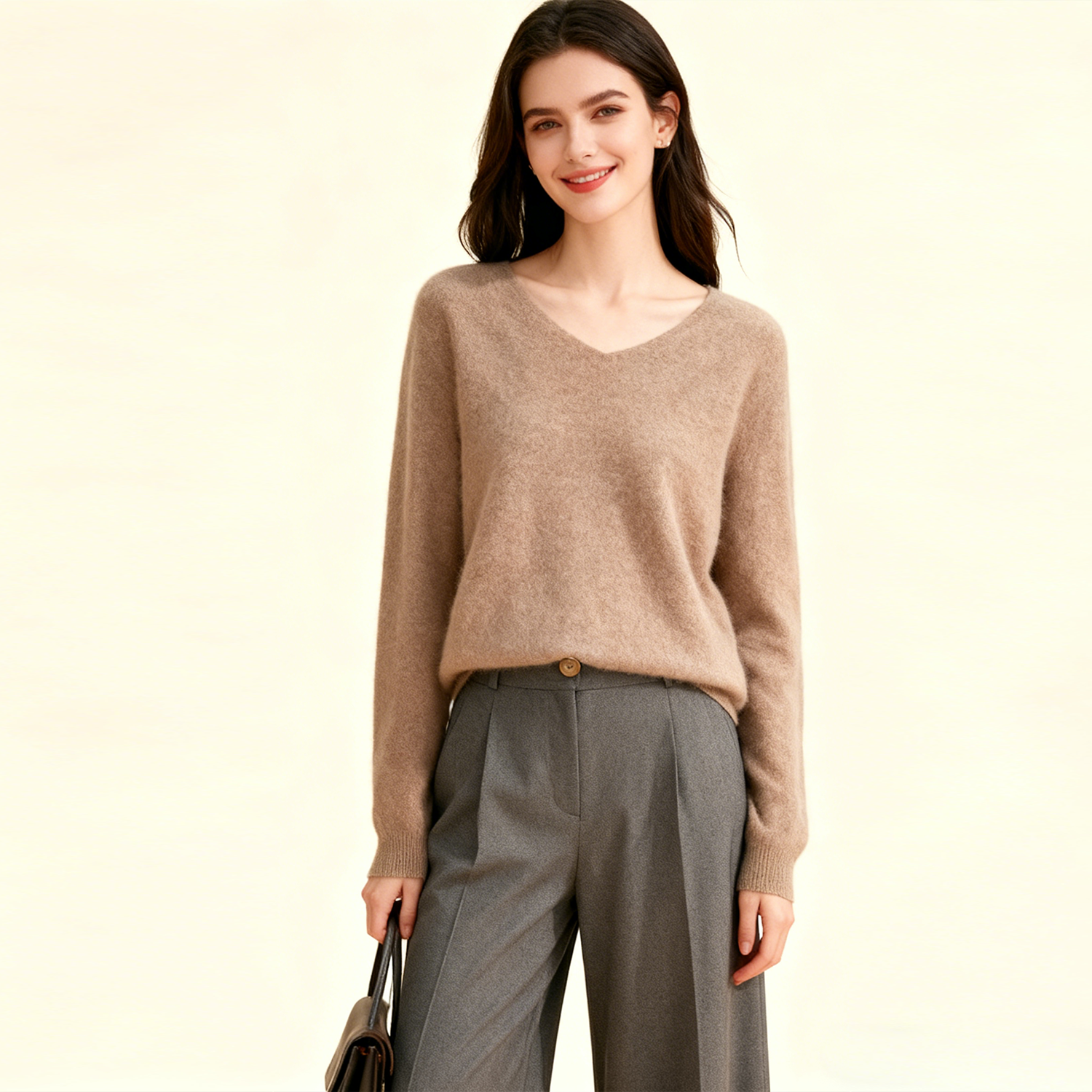 Women's Brushed Wool V-Neck Sweater-Base Layer REAL SILK LIFE