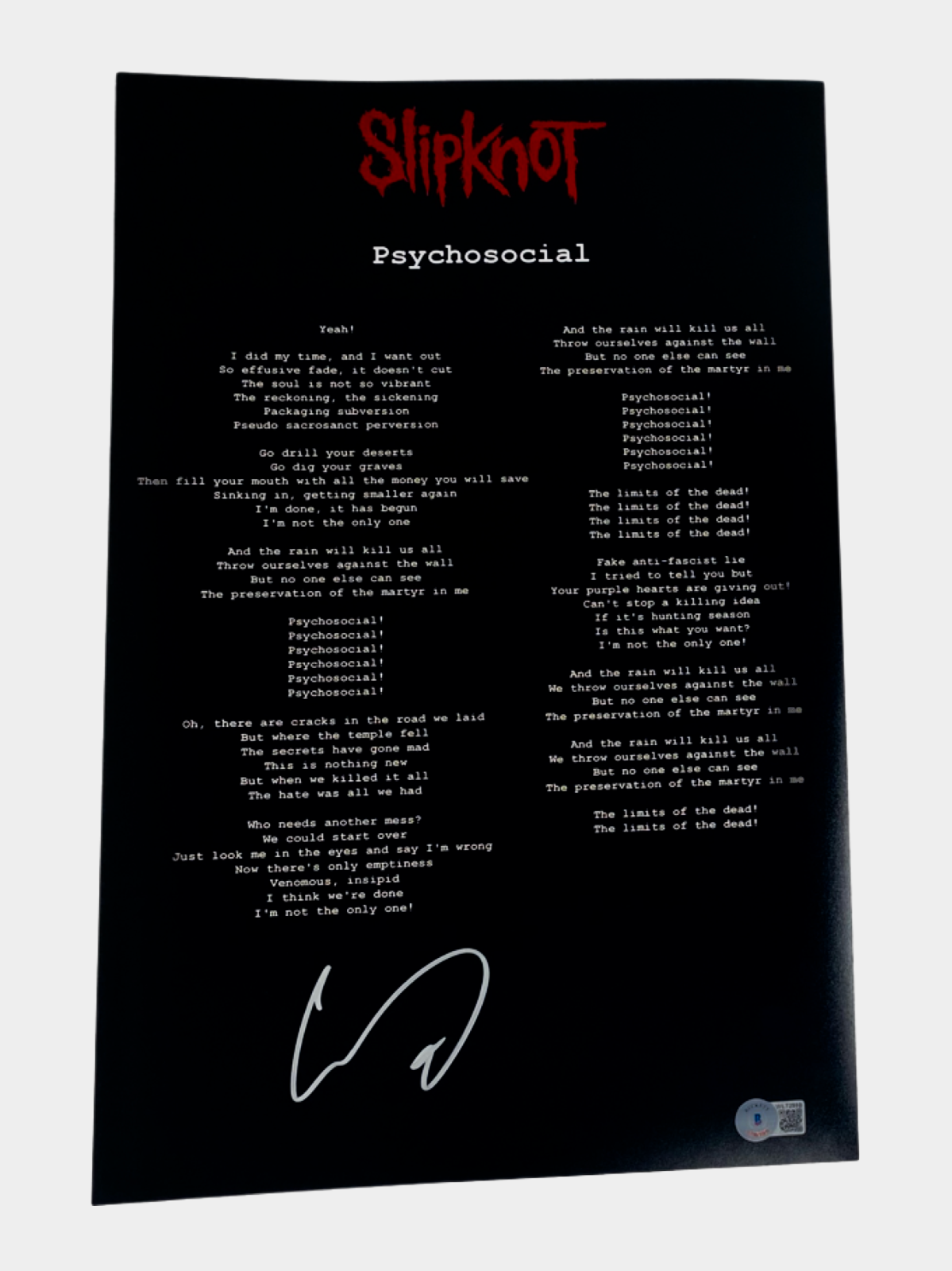 Corey Taylor Signed Slipknot Psychosocial 11x17 Lyrics Poster Photo Poster painting Beckett COA