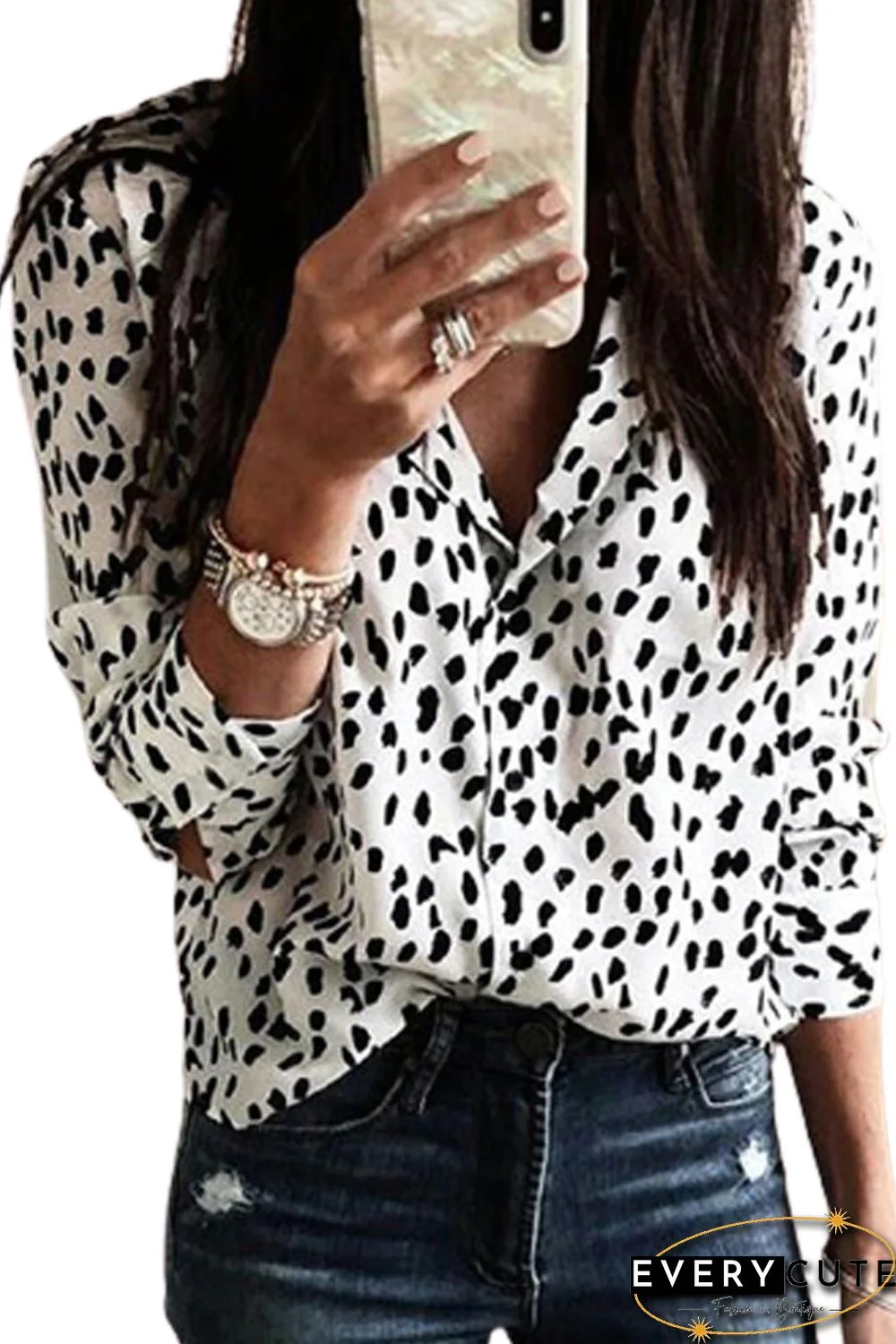 Leopard Print Turn-Down Collar Long Sleeve Blouse