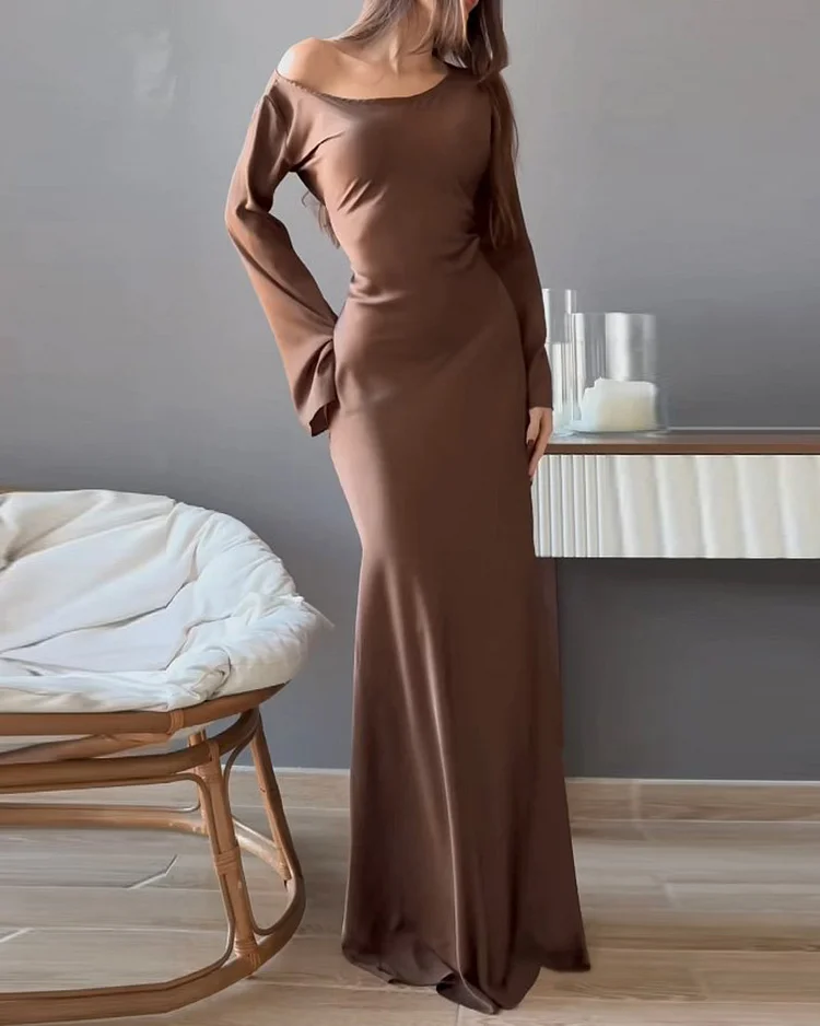 Off-shoulder waist tie solid color dress