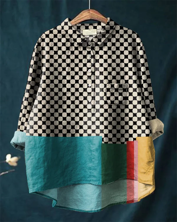 Vintage Checkerboard Abstract Art Print Cotton and Linen Casual Shirt