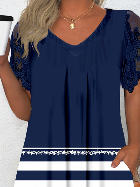 Women's Short Sleeve V-neck Graphic Lace Pockets Tops