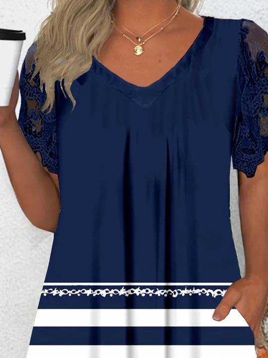 Women's Short Sleeve V-neck Graphic Lace Pockets Tops