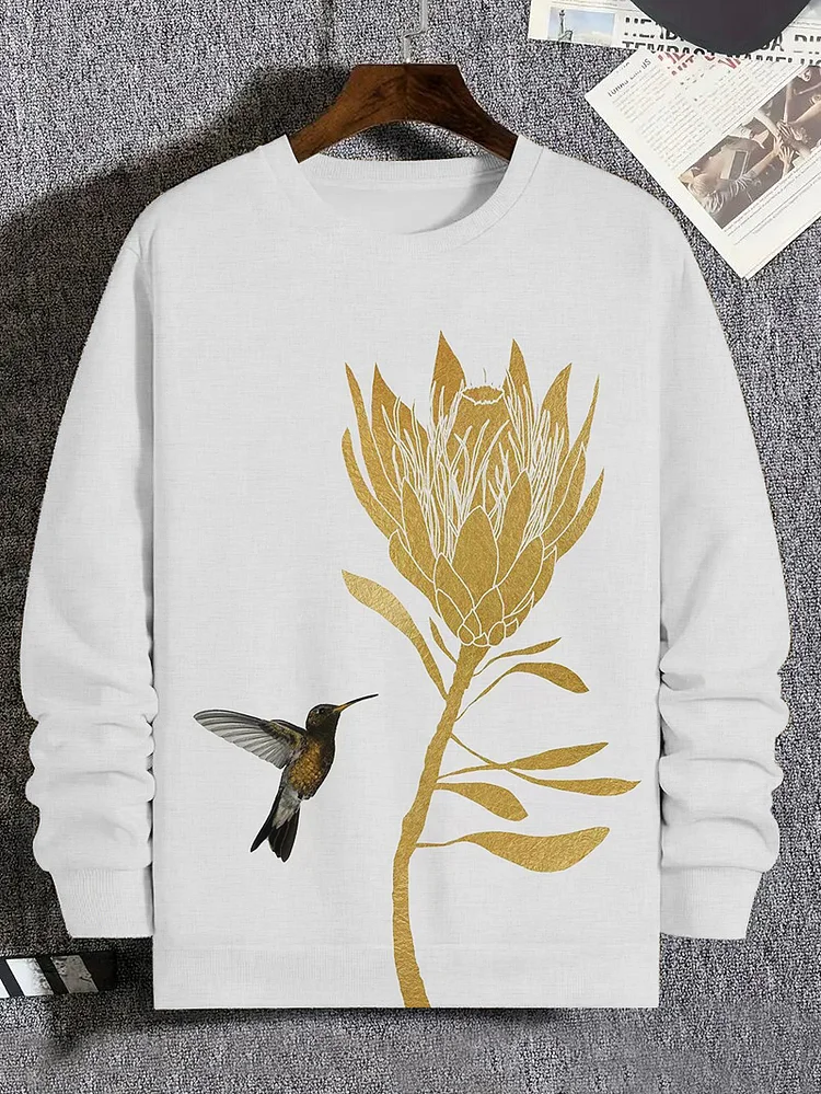 Men's Hummingbird And Flower Art Print Casual Sweatshirt