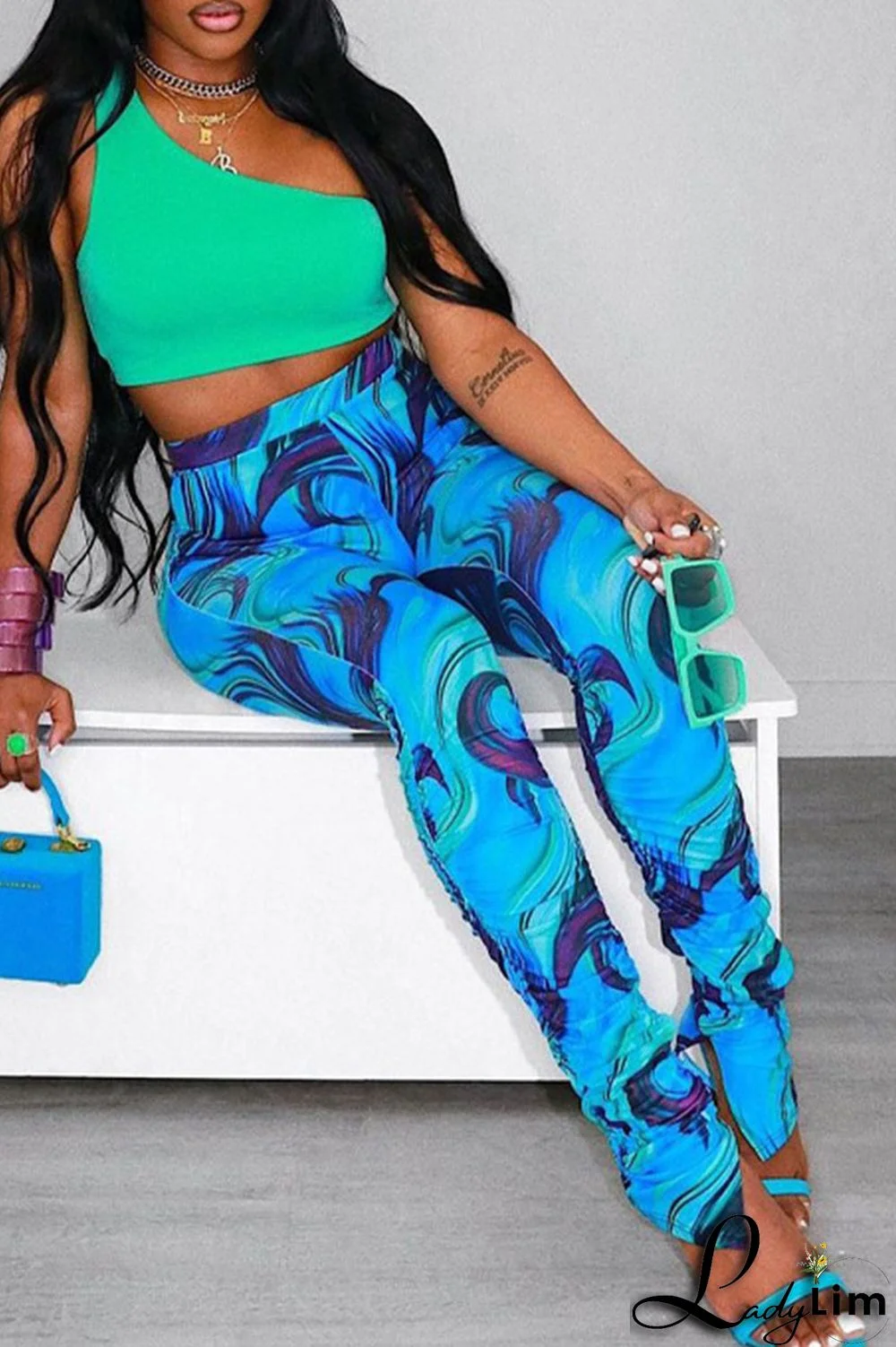 Blue Sexy Print Split Joint Skinny High Waist Pencil Full Print Bottoms