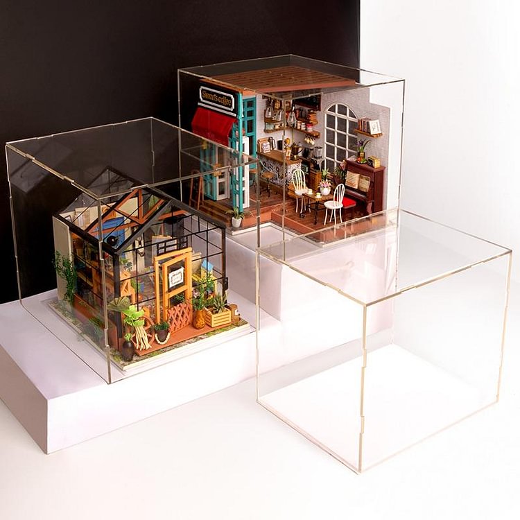 Rylai DIY Transparent Display Box Dust-Proof Cover Dollhouse and Dollhouse Tool Set and 2 Dolls Suit Seattle House 