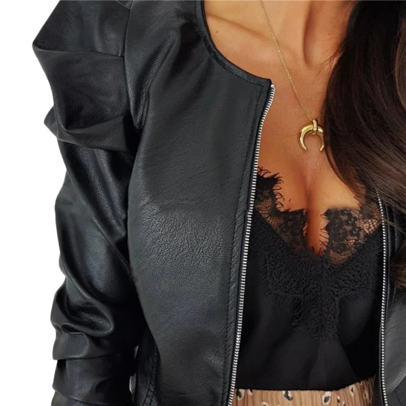 Xingqing Black Jacket Women&rsquo;s Pleated Long-sleeved Leather Coat Fashion Solid Color Zipper Open Round Neck Jacket Streetwear